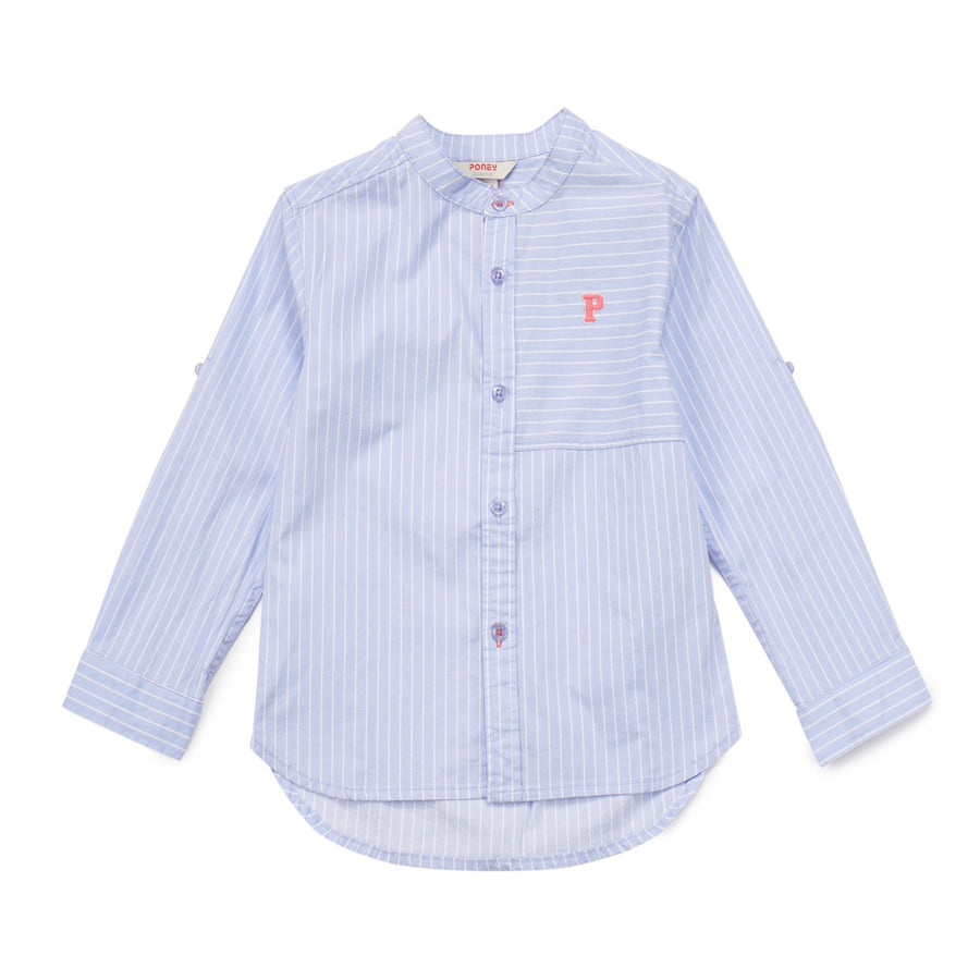 Long sleeve, blue lining shirt, buttoned from the front, embroidered logo. Back hem slight bigger than the front. 