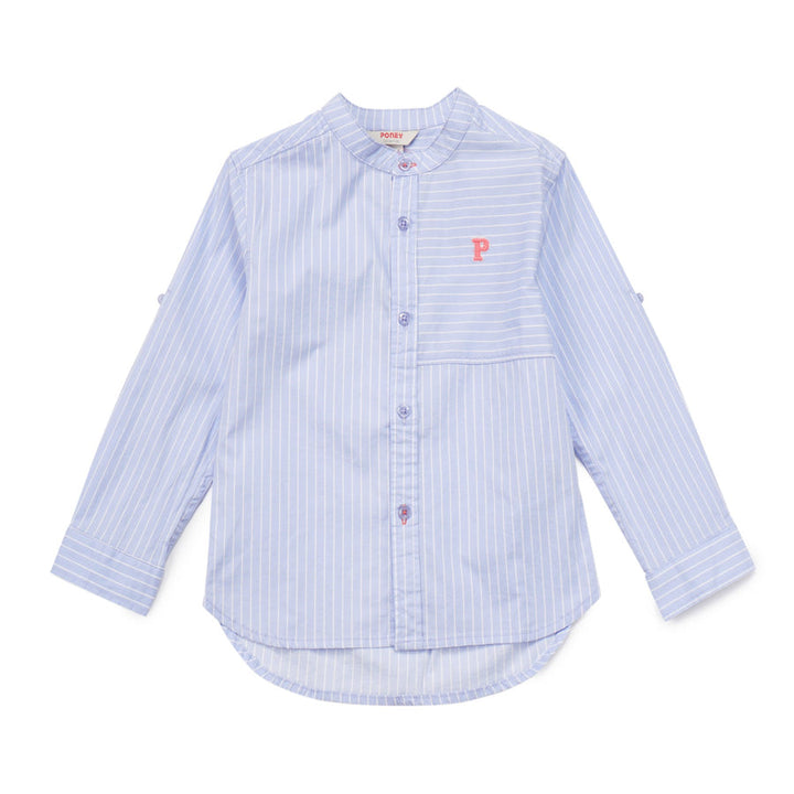 Long sleeve, blue lining shirt, buttoned from the front, embroidered logo. Back hem slight bigger than the front. 