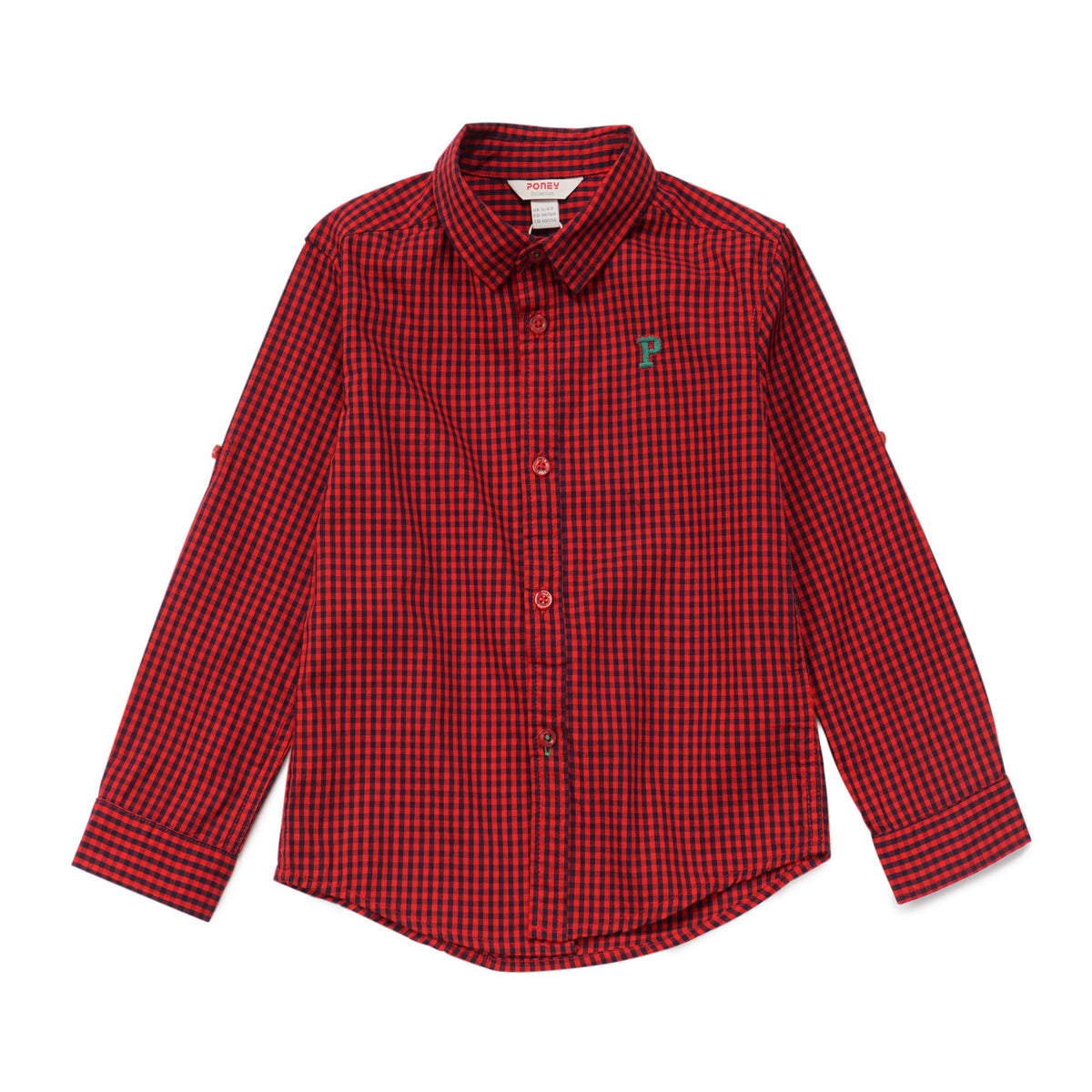 Red full sleeve shirt, shepherd's check, wide collar. Buttoned from the front, embroidered green logo. 