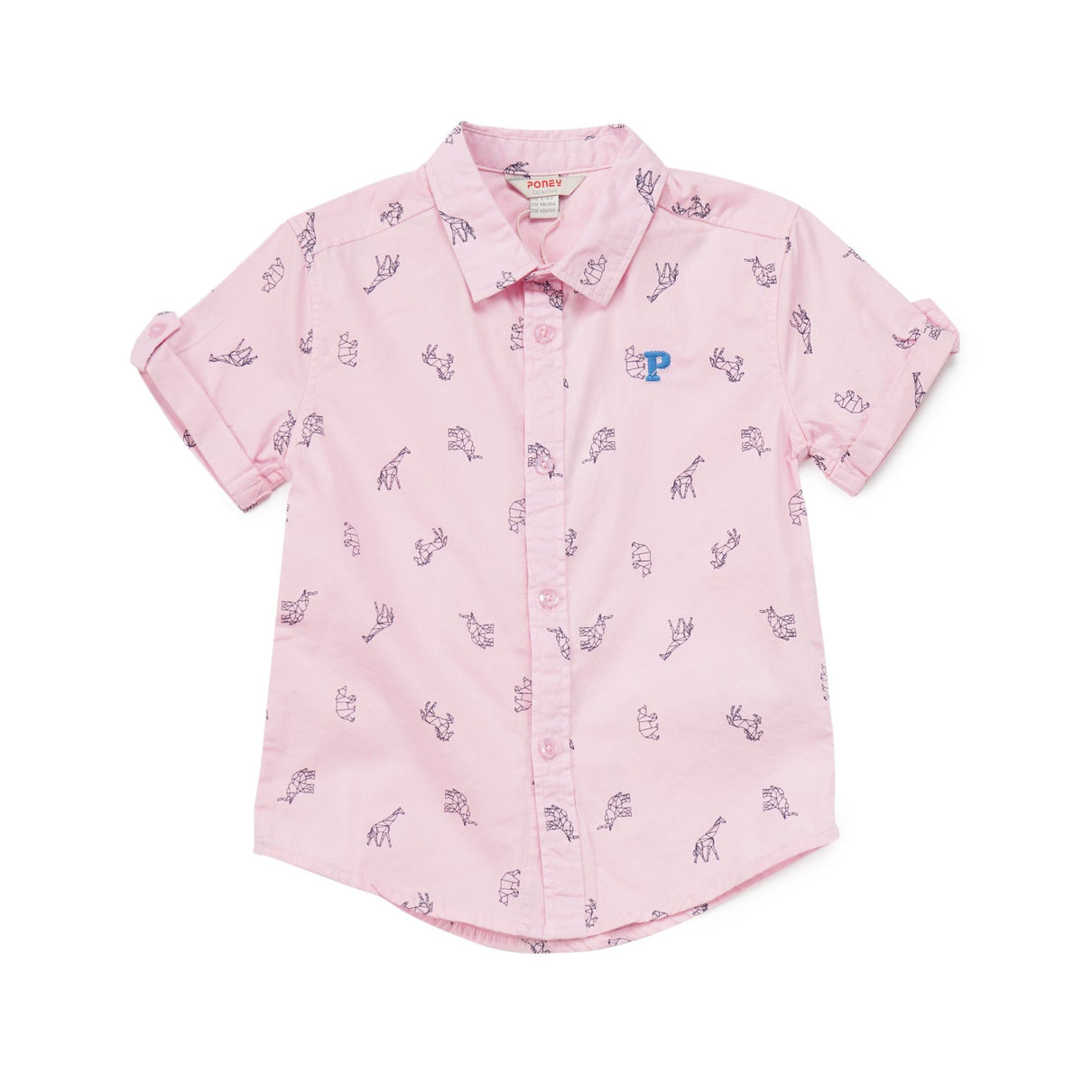 Pink origami themed, short sleeve t-shirt, buttoned sleeves and a wide collar. 