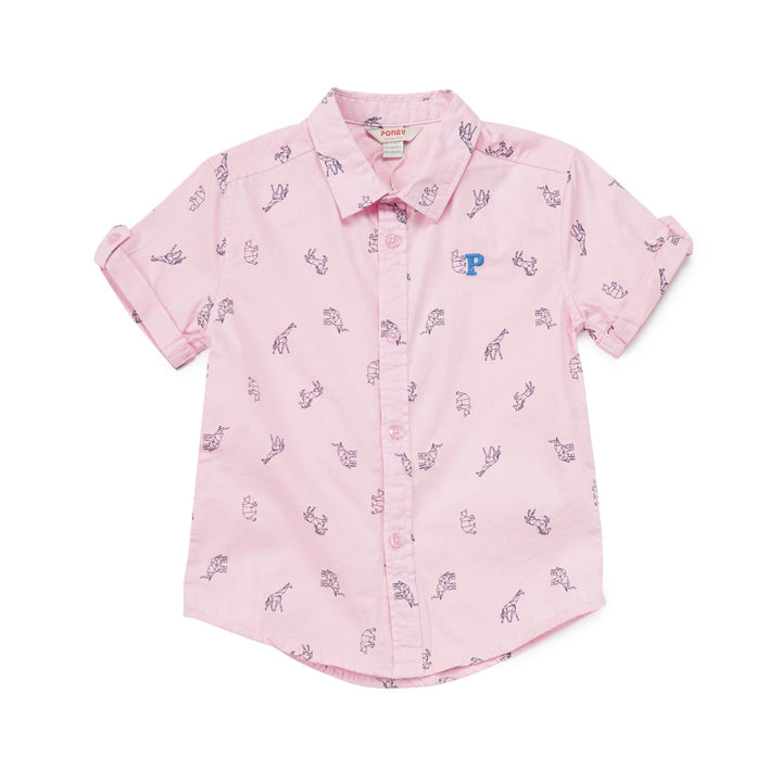Pink origami themed, short sleeve t-shirt, buttoned sleeves and a wide collar. 