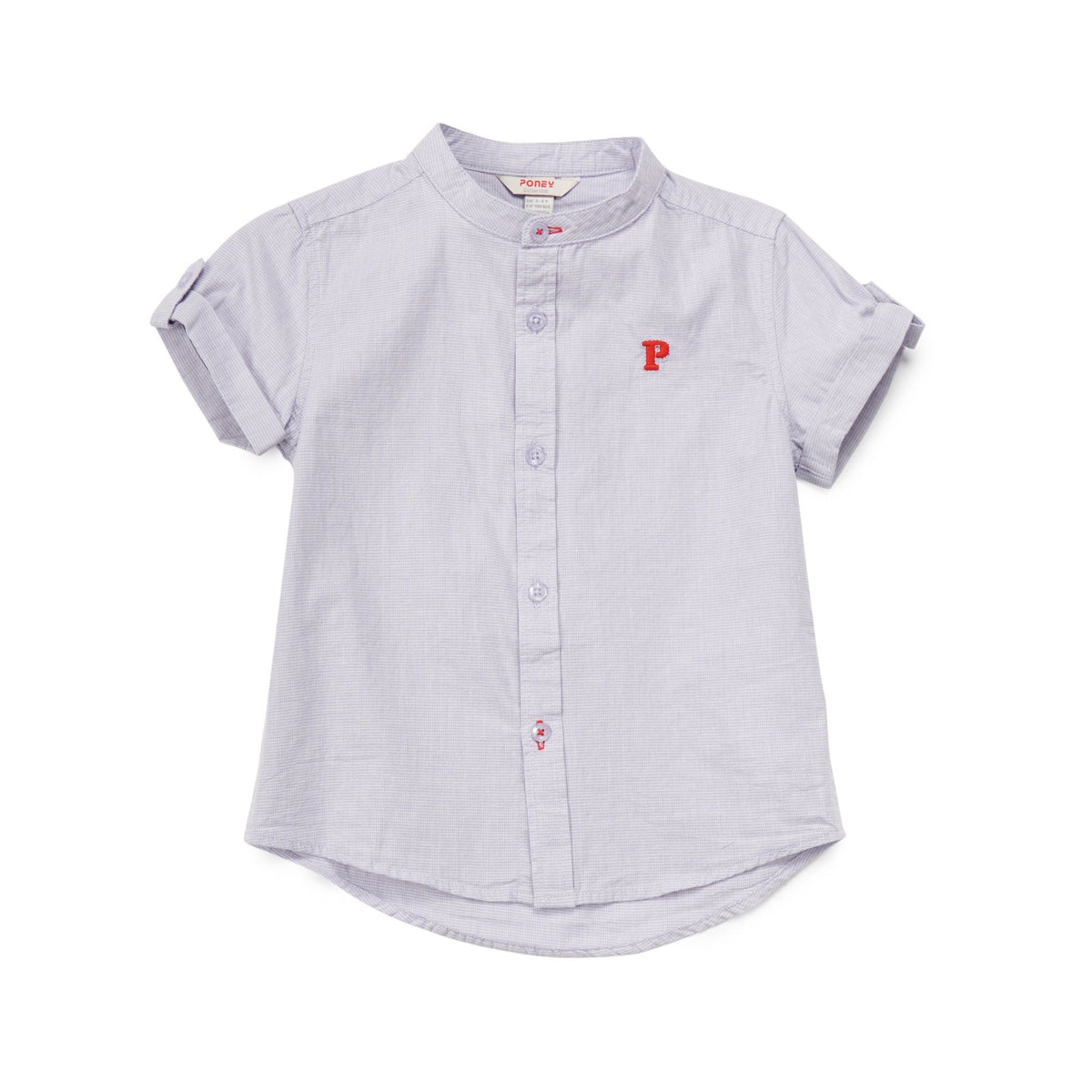 Purple buttoned, short sleeve shirt, front fastening, poney logo on the side. 