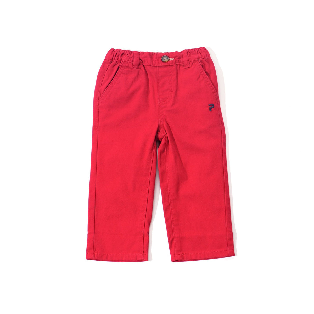 Elasticated red trouser, front button and zipper fastening. Two front pockets and poney logo, buttoned back pocket. 