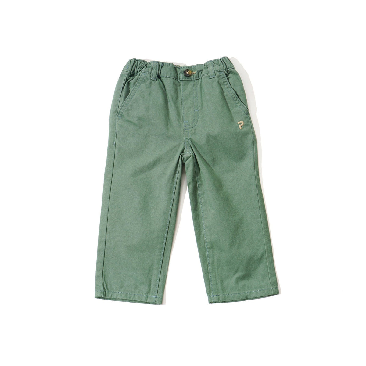 Elasticated, Olive green trouser, front and back pockets. Front button and zipper fastening, Embroidered Poney logo at the back pocket.