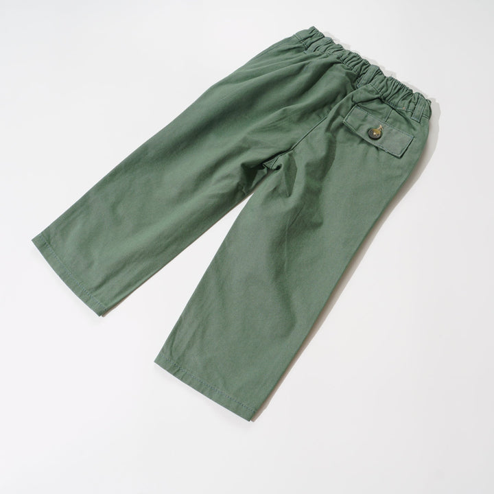 Elasticated, Olive green trouser, front and back pockets. Front button and zipper fastening, Embroidered Poney logo at the back pocket.