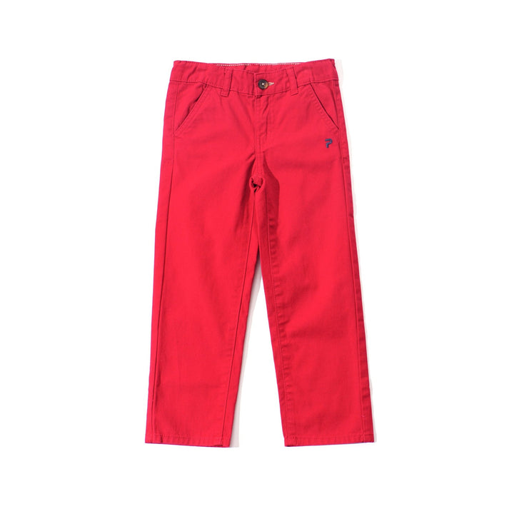 Elasticated red trouser, front button and zipper fastening. Two front pockets and poney logo, buttoned back pocket. 