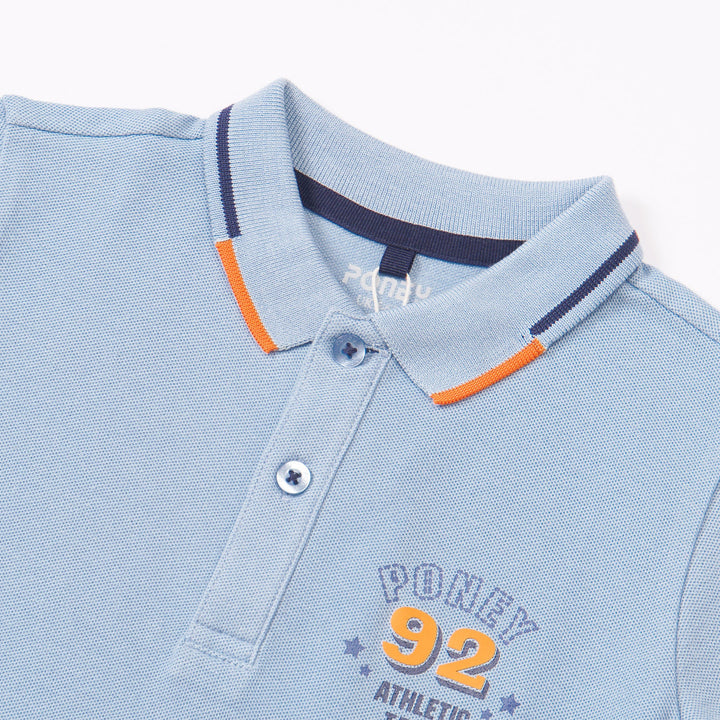 Light Blue, Polo, Cotton, Short Sleeve, Rib-Knit Collar, Longer Hem, Printed Logo. 