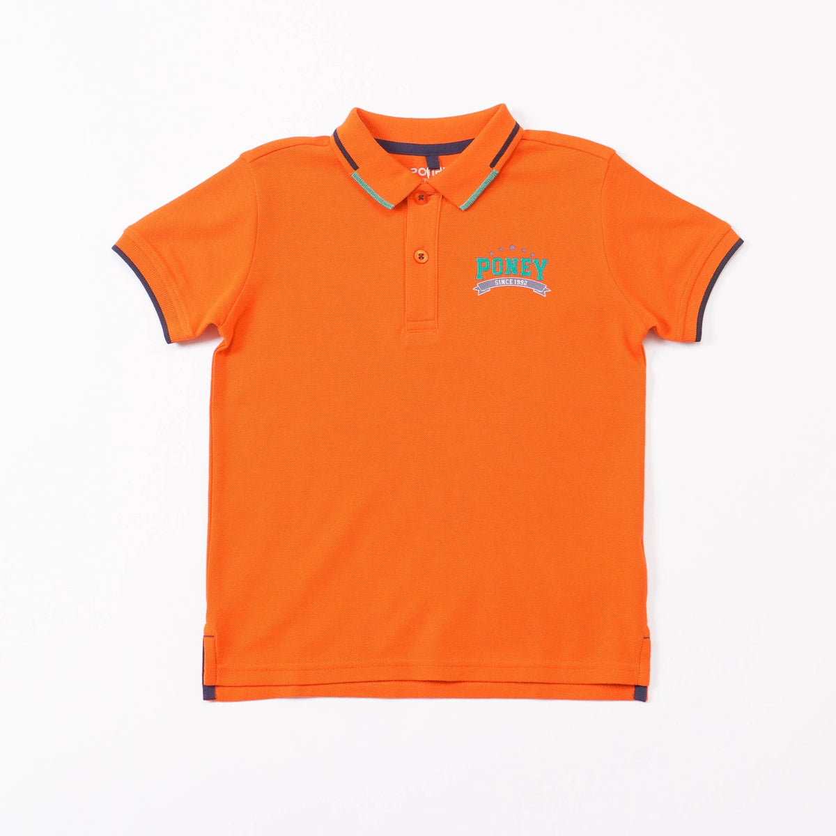 Orange, Cotton, Polo, Rib-Knit Collar, Front Button, Longer Hem and a Printed Logo design to complete the look. 