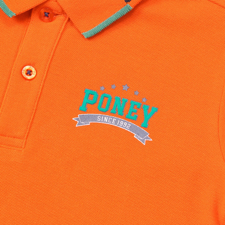 Orange, Cotton, Polo, Rib-Knit Collar, Front Button, Longer Hem and a Printed Logo design to complete the look. 