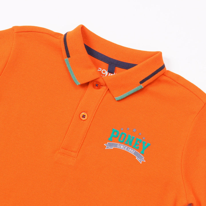 Orange, Cotton, Polo, Rib-Knit Collar, Front Button, Longer Hem and a Printed Logo design to complete the look. 
