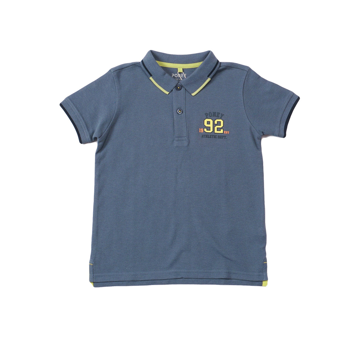 Blue Polo, Short Sleeve, Poney Logo, Yellow Hem, Rib Knit Collar with yellow and black lining.