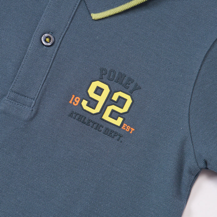 Blue Polo, Short Sleeve, Poney Logo, Yellow Hem, Rib Knit Collar with yellow and black lining.