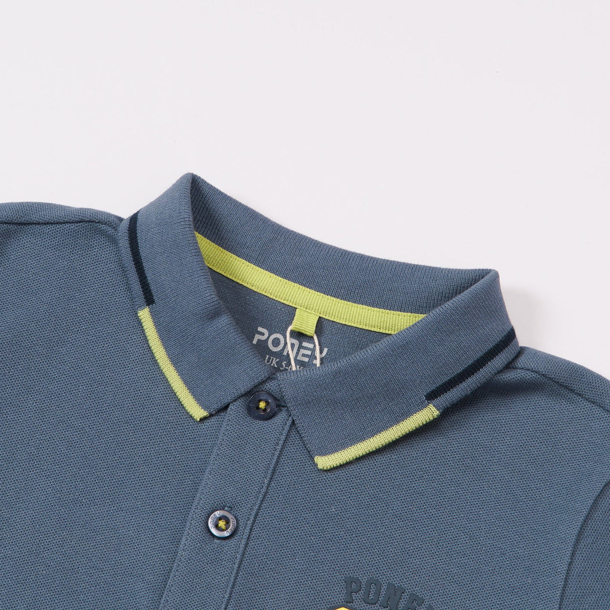 Blue Polo, Short Sleeve, Poney Logo, Yellow Hem, Rib Knit Collar with yellow and black lining.