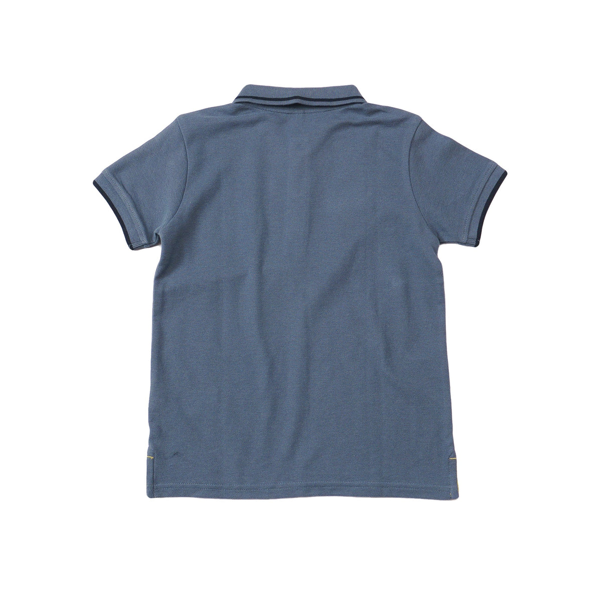 Blue Polo, Short Sleeve, Poney Logo, Yellow Hem, Rib Knit Collar with yellow and black lining.