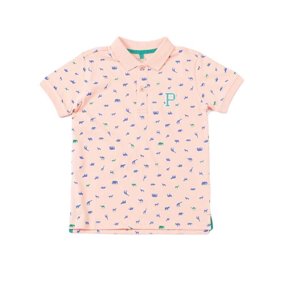 Soft Cotton, Pink Polo, Animal Design, Rib-Knit Collar, Longer Hem, Front Button. 