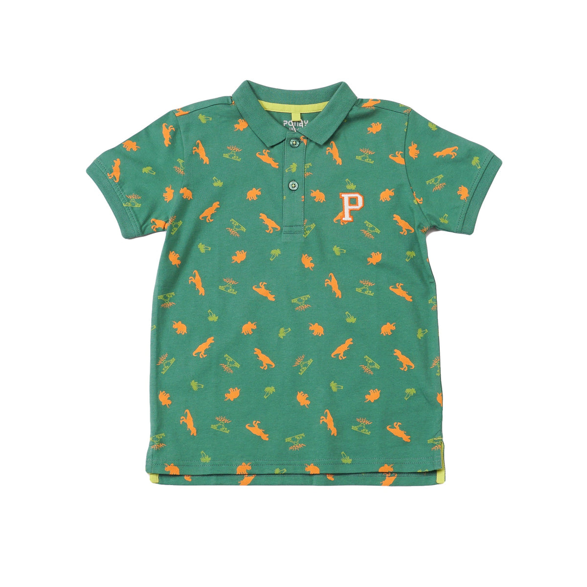 Green Cotton Polo, Orange T-Rex, Triceratops and Volcano Prints. Rib-Knit Collar, Emroidered Poney Logo, Front buttoned and Longer Hem. 