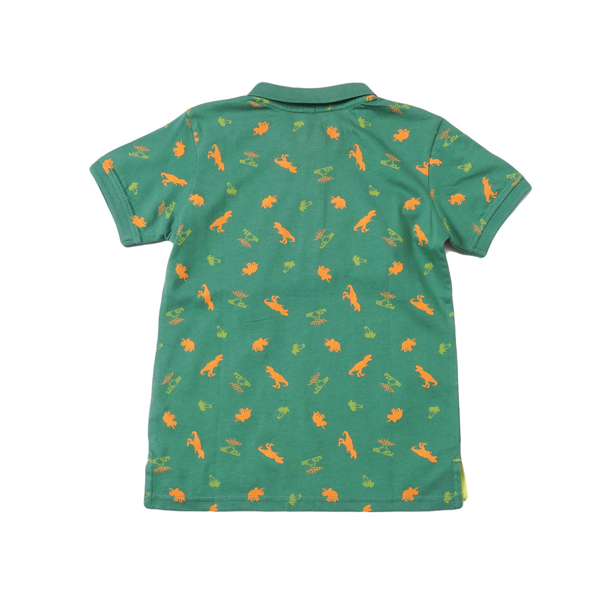 Green Cotton Polo, Orange T-Rex, Triceratops and Volcano Prints. Rib-Knit Collar, Emroidered Poney Logo, Front buttoned and Longer Hem.