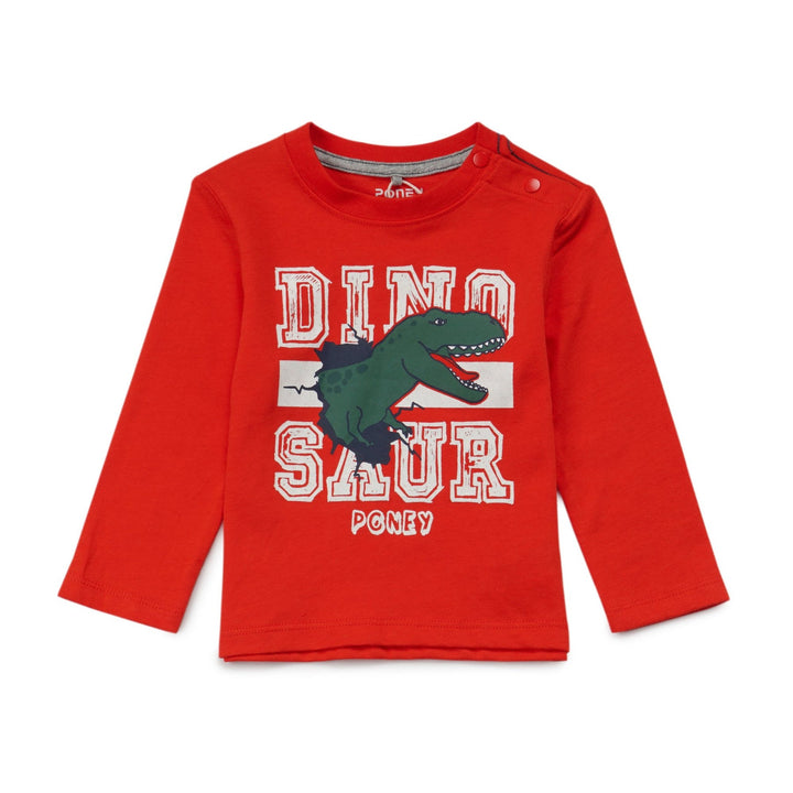 Red Dinosaur printed Top, long sleeves, buttoned shoulder strap. 