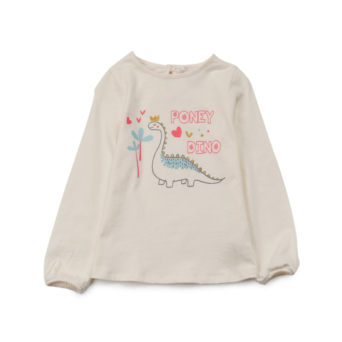 Creme Long sleeve t-shirt with a chunky dino print, elasticated cuffs and a buttoned nape. 