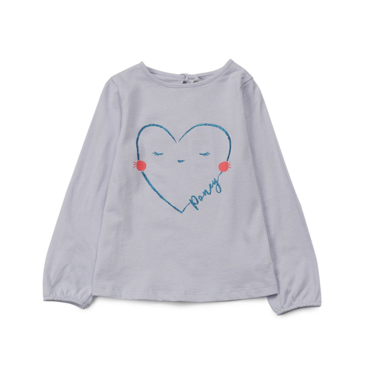 Light Blue ,Long Sleeve t-shirt with a big snoozing heart and poney print, buttoned at the back.