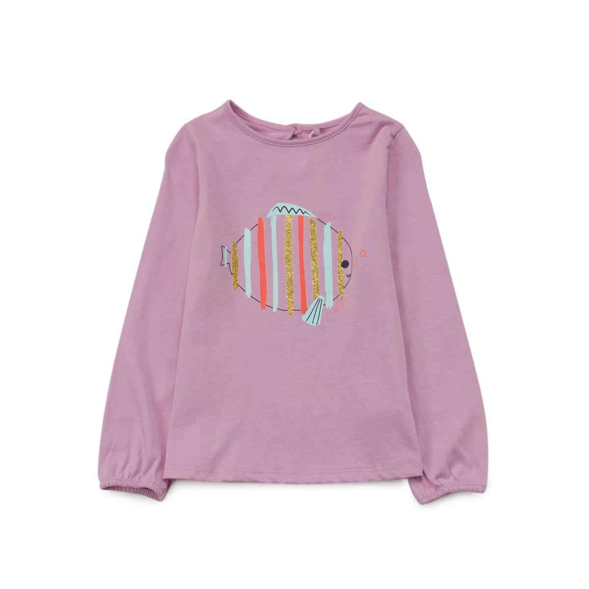 Purple t-shirt, Chunky Fish Print, Buttoned nape. 