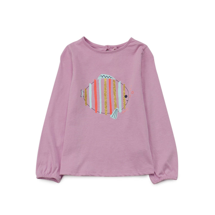Purple t-shirt, Chunky Fish Print, Buttoned nape. 