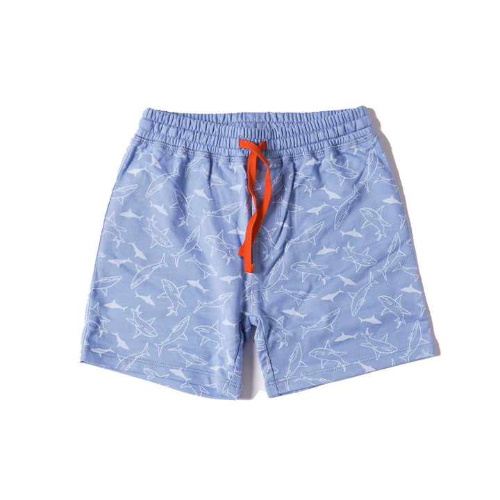 Blue Shorts, Soft Cotton, Easy pull-on, Fully Elasticated waistband with a drawcord, Shark Prints all over.