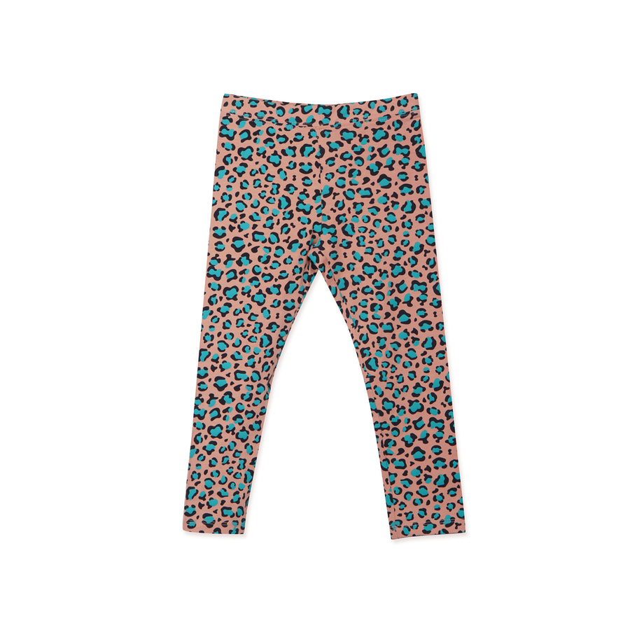 Peach Leggings with sea green Cheetah all over. Elasticated waist and full length. 