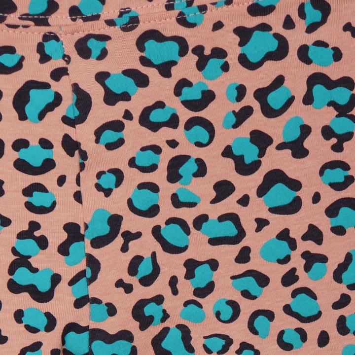 Peach Leggings with sea green Cheetah all over. Elasticated waist and full length. 