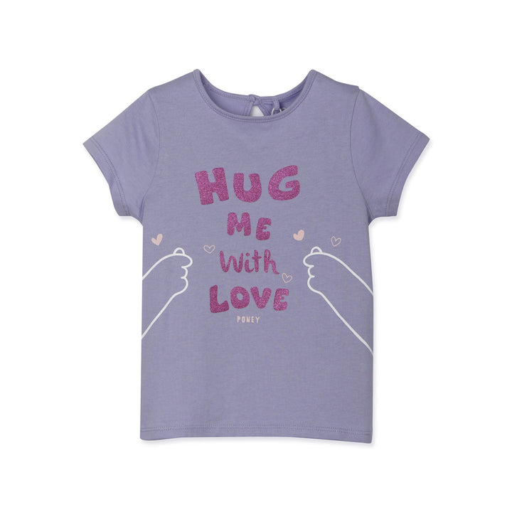 Purple "hug me with love" t-shirt with a buttoned nape. 
