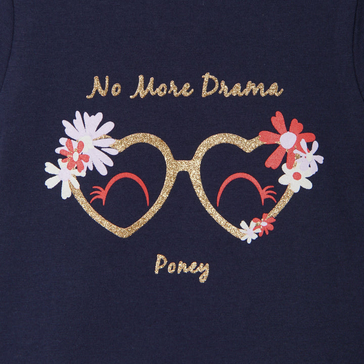 Cute Navy Poney t-shirt, 'No More Drama' caption embossed, cute heart shaped glasses and buttons at the back.