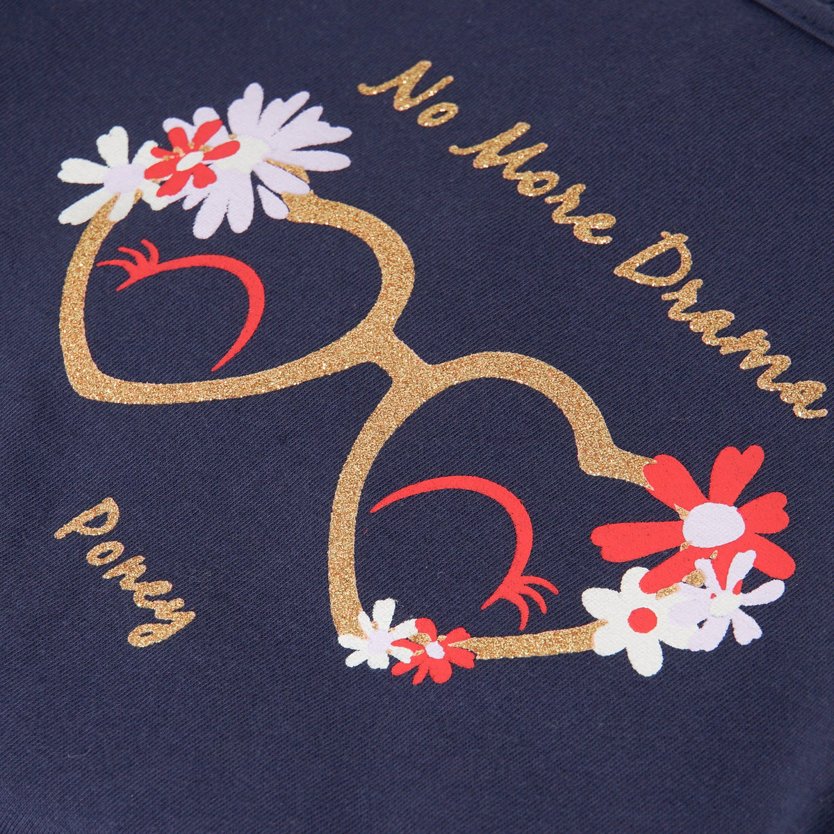 Cute Navy Poney t-shirt, 'No More Drama' caption embossed, cute heart shaped glasses and buttons at the back.