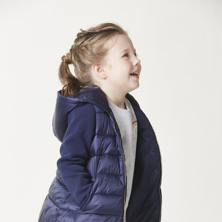 Navy Blue Padded Jacket with a hoodie and knitted long sleeves, golden zipper and snap-button fastening on pockets at the front.