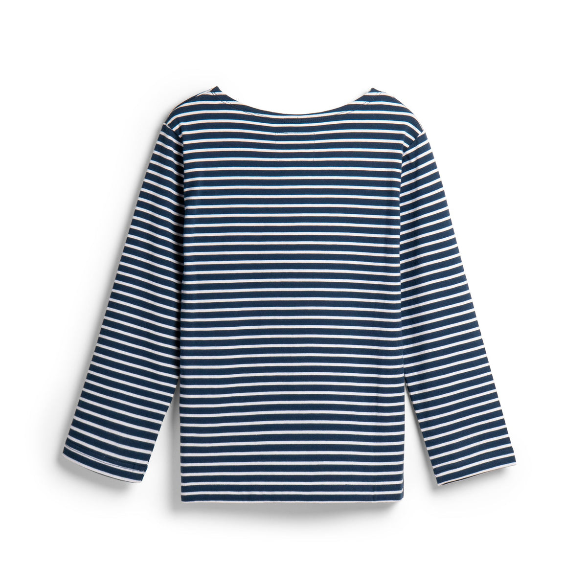 Stripped long sleeve, blue top, a grey pocket, poney logo strap. 