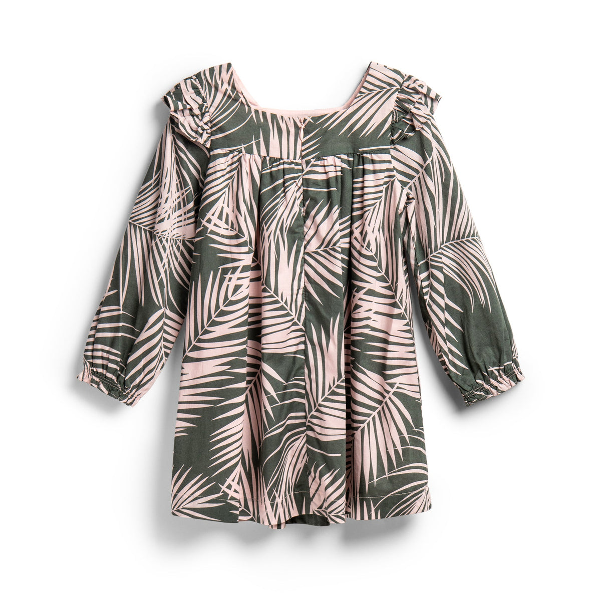 Tropical Green Dress, Long Sleeve, Frilly cuffs and short chested.