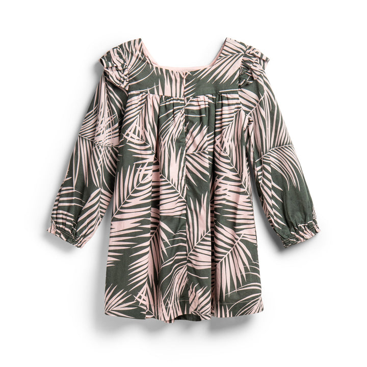 Tropical Green Dress, Long Sleeve, Frilly cuffs and short chested.