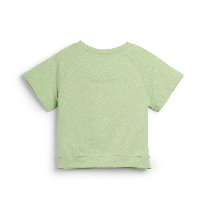 Light green, short sleeve top, button strapped shoulder and a cute logo tag attached. 