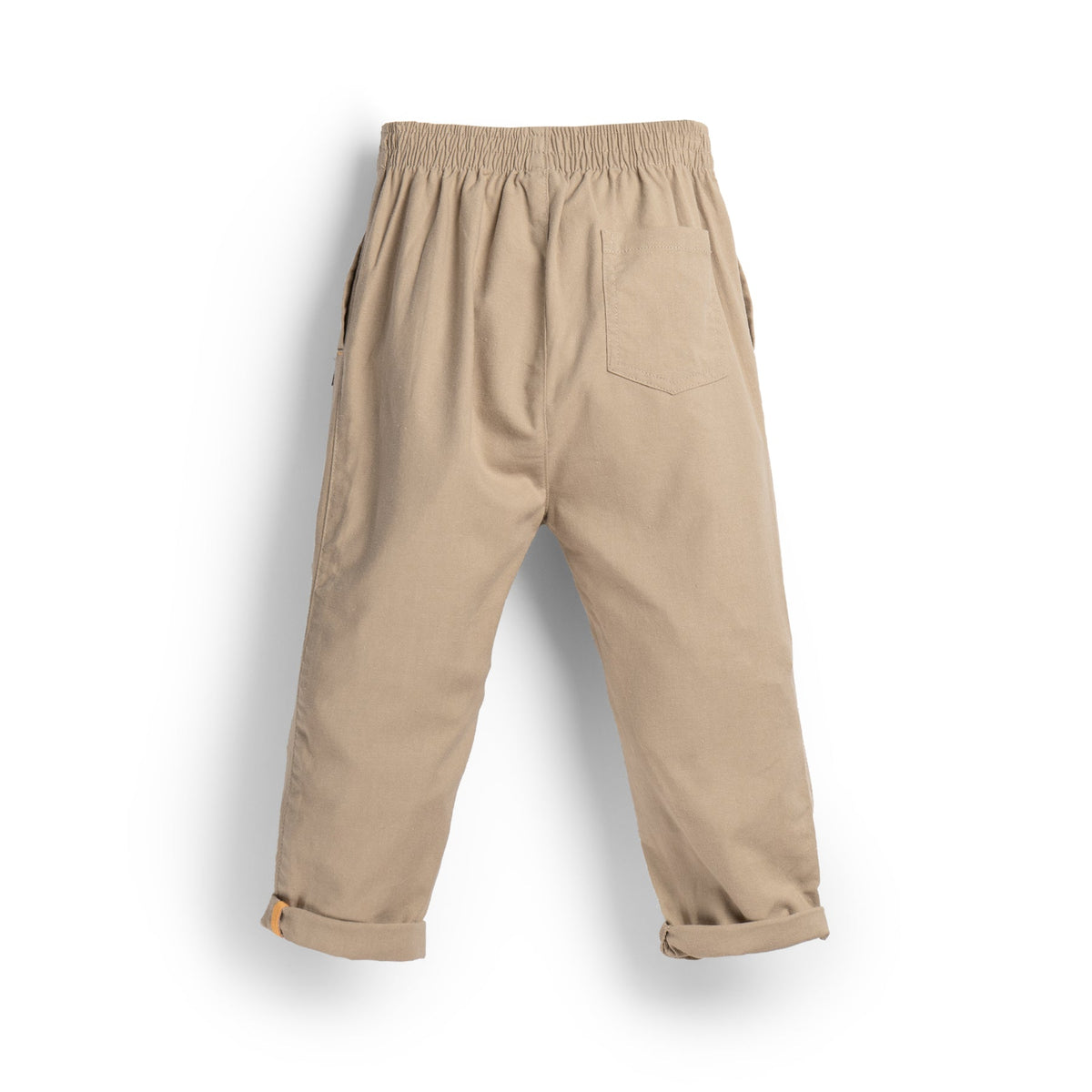 Uniquely styled, side fastening khaki, elasticated, side and back pockets included. Logo tag attached at the front.