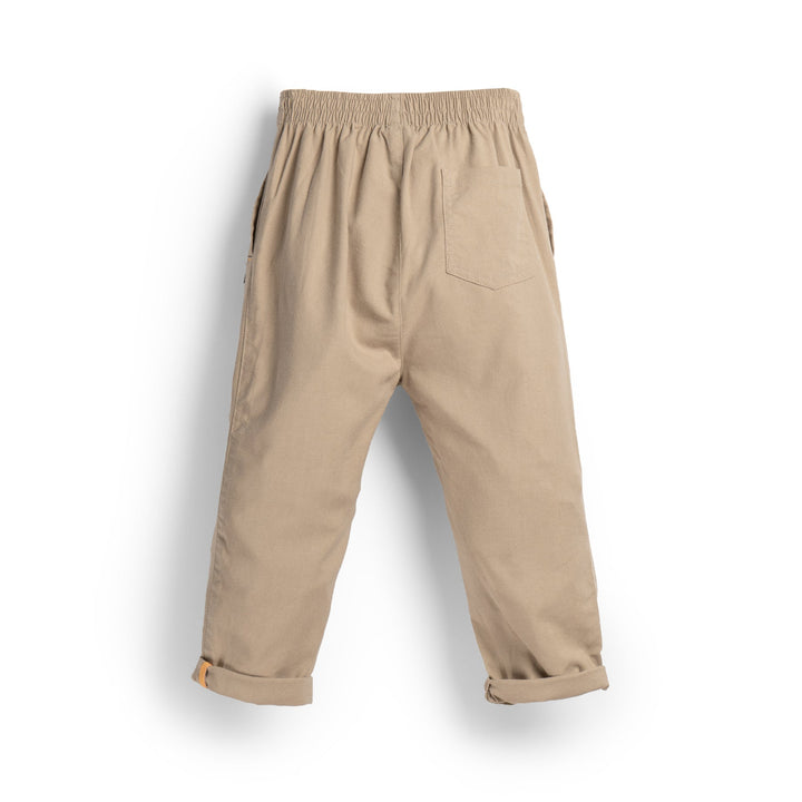Uniquely styled, side fastening khaki, elasticated, side and back pockets included. Logo tag attached at the front.