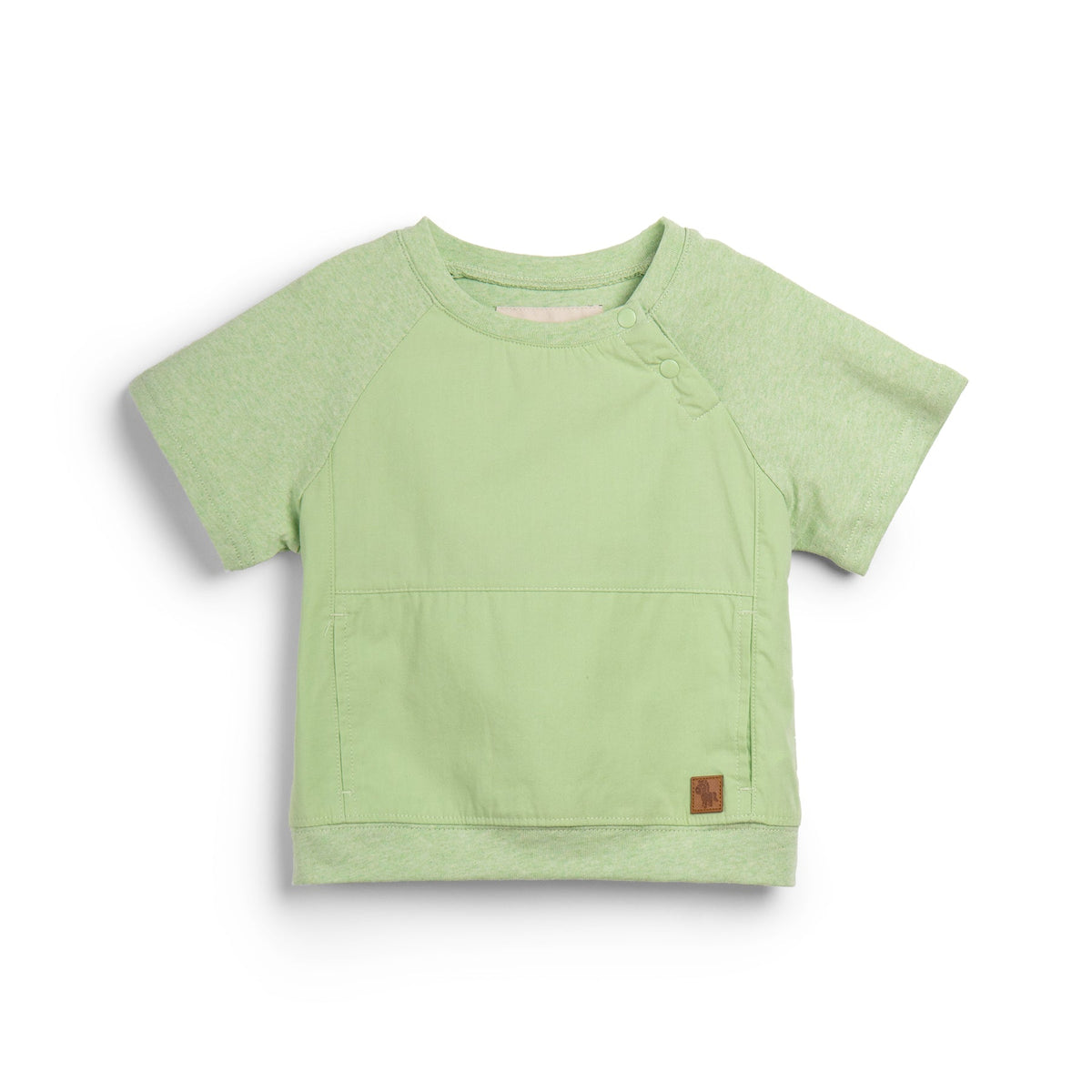 Light green, short sleeve top, button strapped shoulder and a cute logo tag attached. 