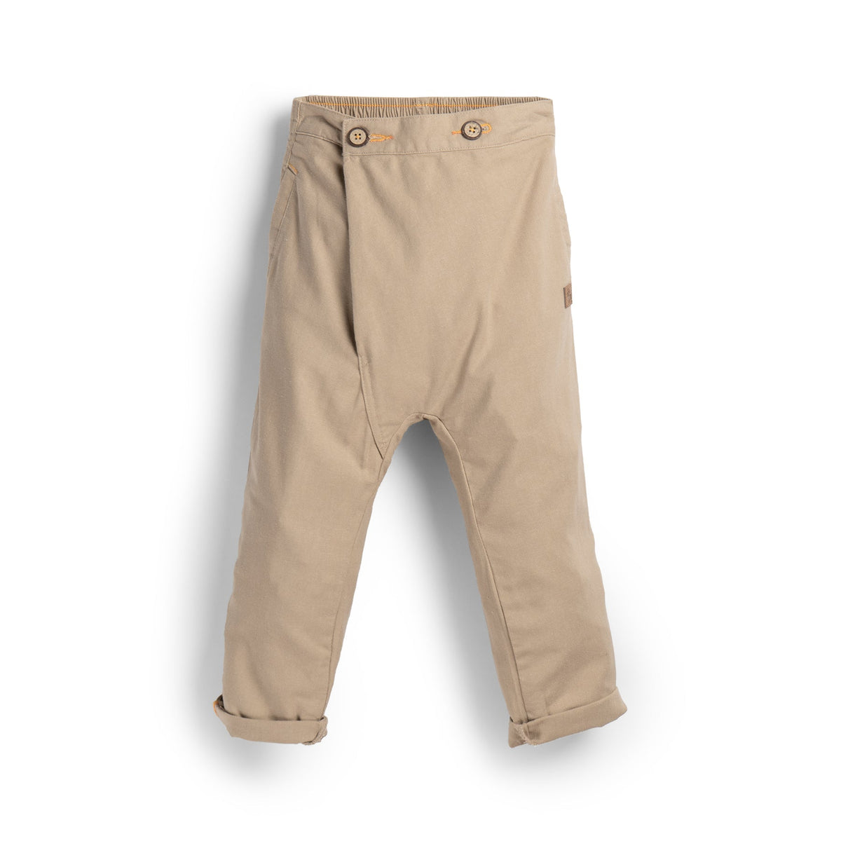 Uniquely styled, side fastening khaki, elasticated, side and back pockets included. Logo tag attached at the front.