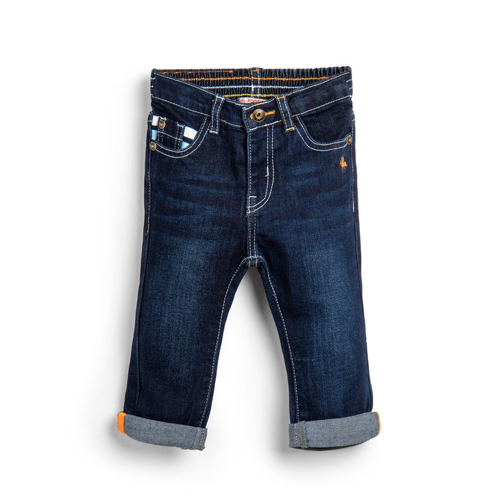 Navy elasticated jeans, two front and back pockets with embossed design. Front metallic button and zipper, embroidered logo horse. 