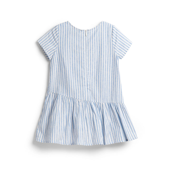 blue and white stripe girls short sleeve dress, ruffled spiral lower-end skirt attached, Poney Logo embroidered