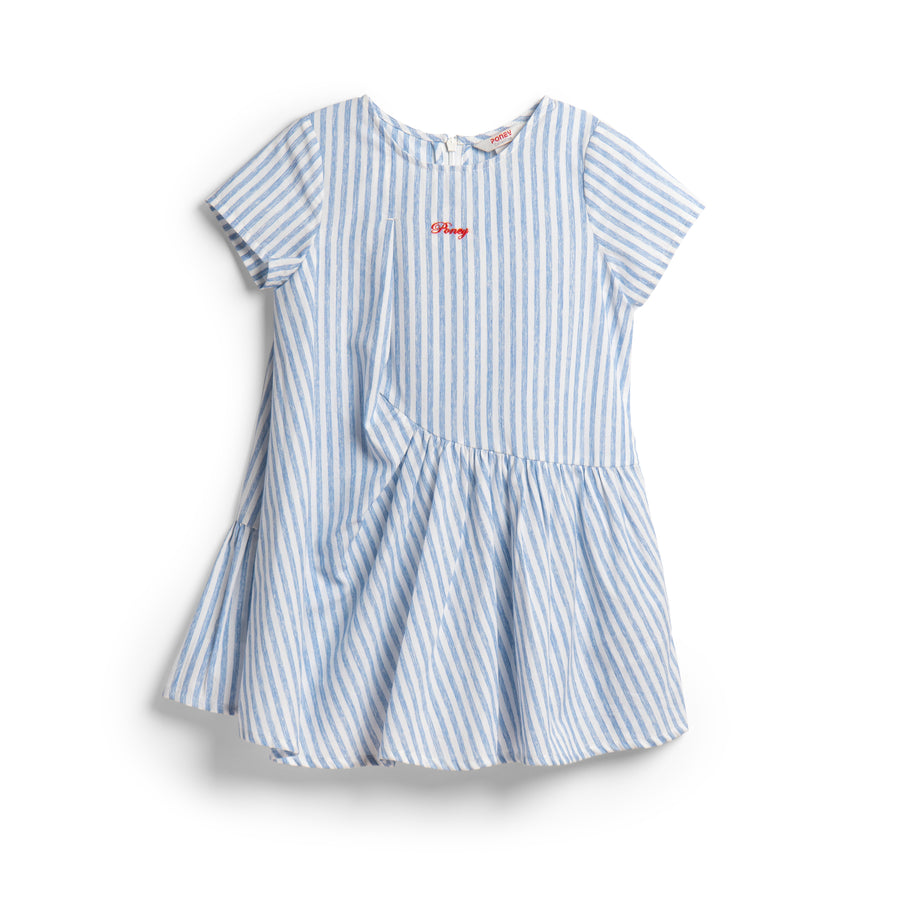 blue and white stripe girls short sleeve dress, ruffled spiral lower-end skirt attached, Poney Logo embroidered