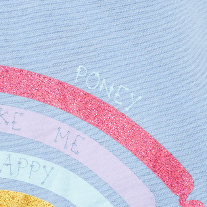 Long sleeve rainbow t-shirt, a "poney makes me happy" caption. Buttoned at the back.