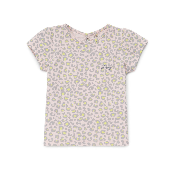 Pink cheetah print top, short sleeve and a buttoned nape.