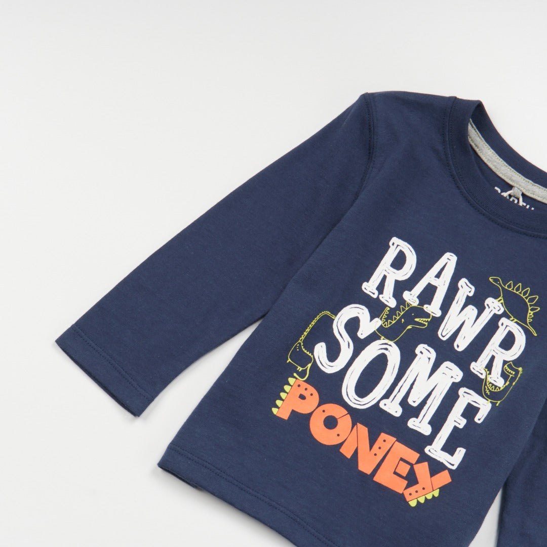 Navy 'Rawrsome Poney' theme, long sleeve top, double buttoned shoulder strap. 