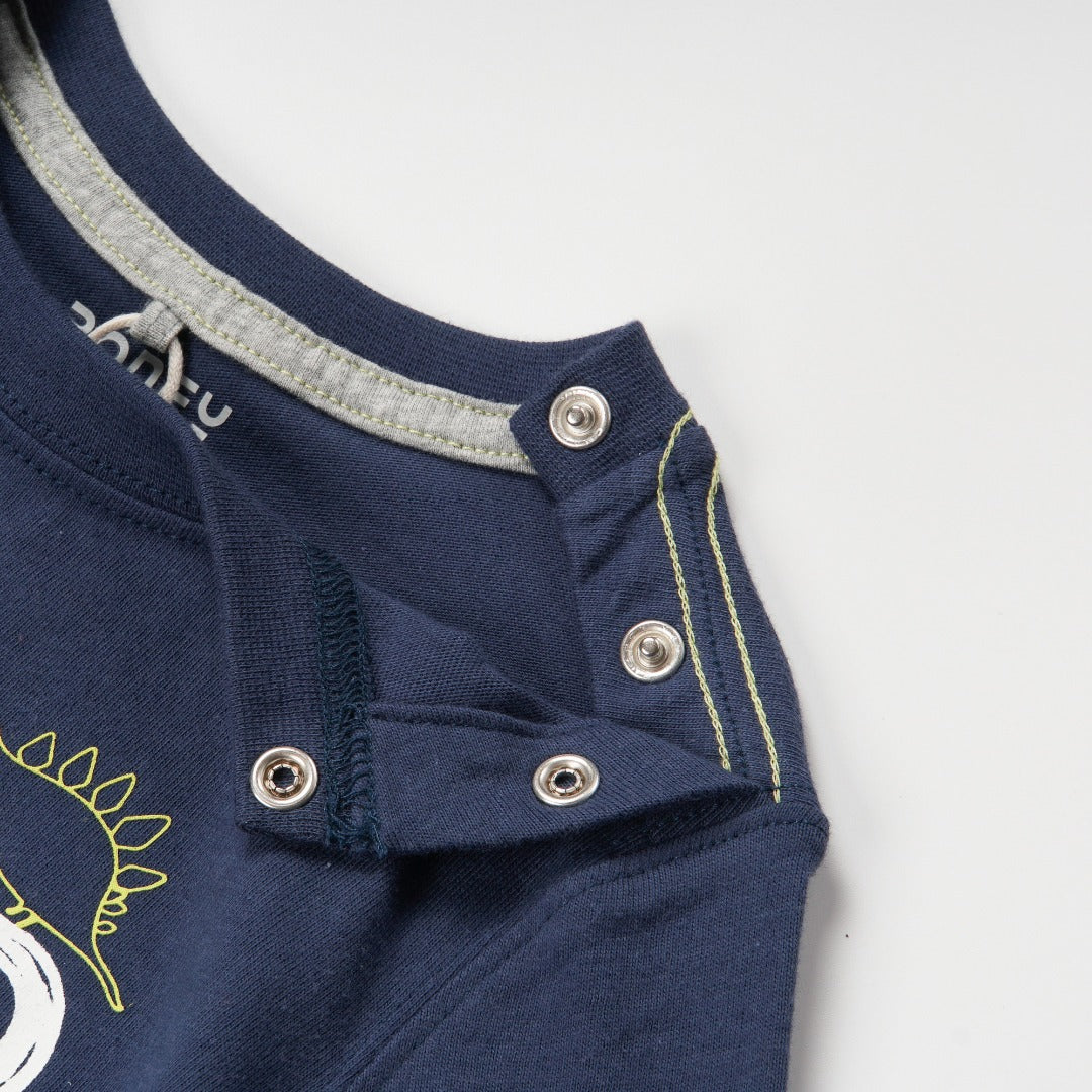 Navy 'Rawrsome Poney' theme, long sleeve top, double buttoned shoulder strap. 
