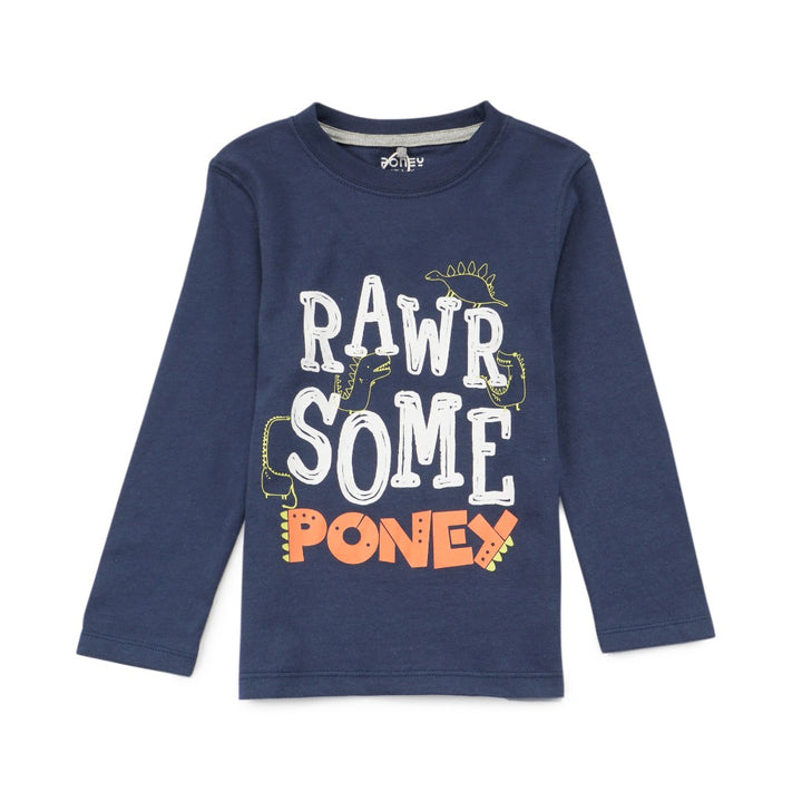 Navy 'Rawrsome Poney' theme, long sleeve top, double buttoned shoulder strap. 