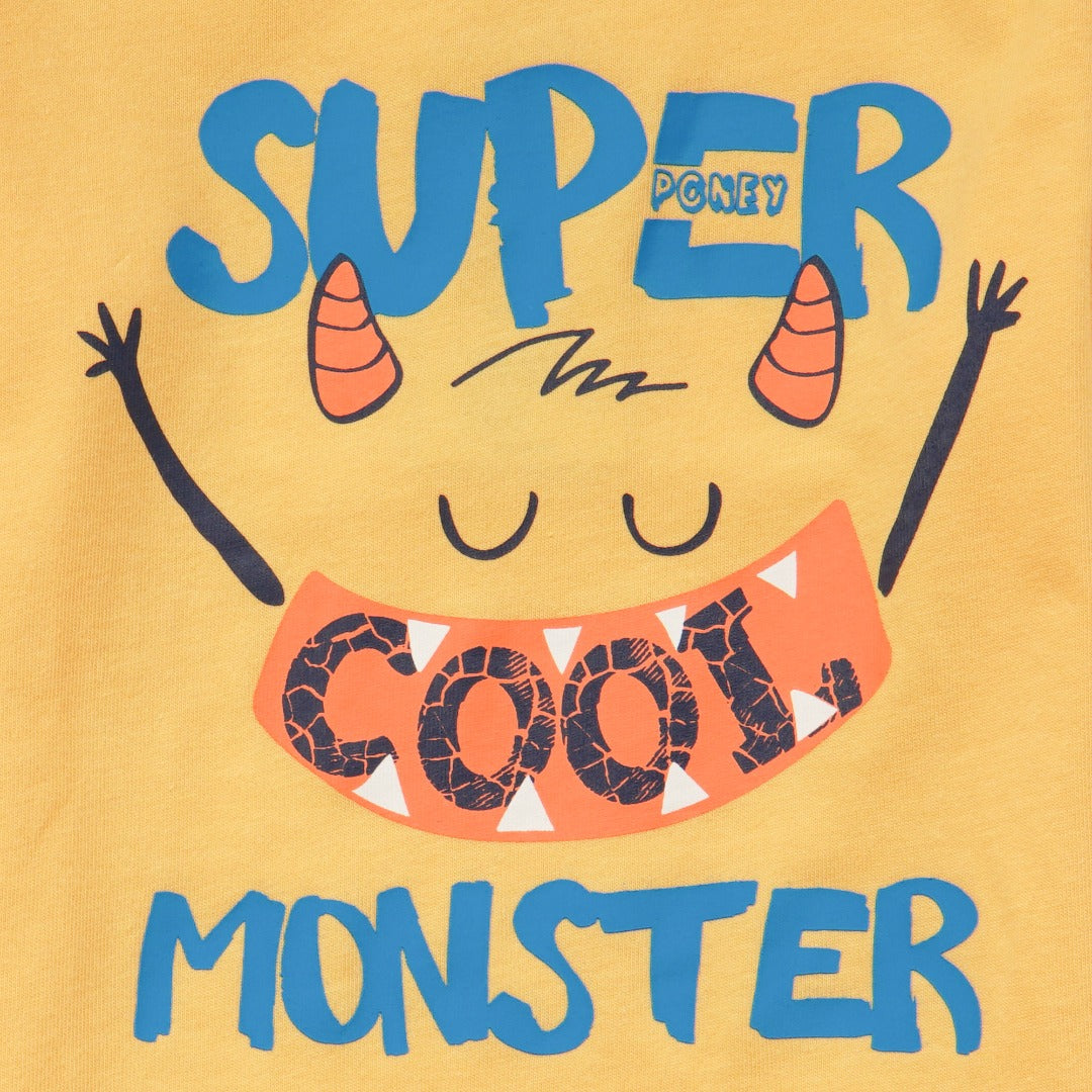 'Super Cool Monster' printed, yellow top, long sleeves, shoulder buttons. 